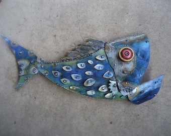Happy Blue Fish sculpture made from recycled steel