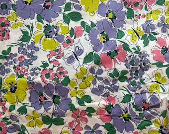 Vintage 1960s Cotton Fabric Yardage - Purple Floral - Vintage Material