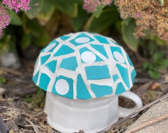 Mosaic Mushroom - Garden Decor - Fairy House - Broken China Mosaic Aqua Blue Green Polka Dot -White