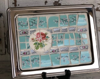 Mosaic Tray - Silver Broken China Mosaic -Rose and Aqua Rectangle Dresser Tray Display Piece, Serving Tray