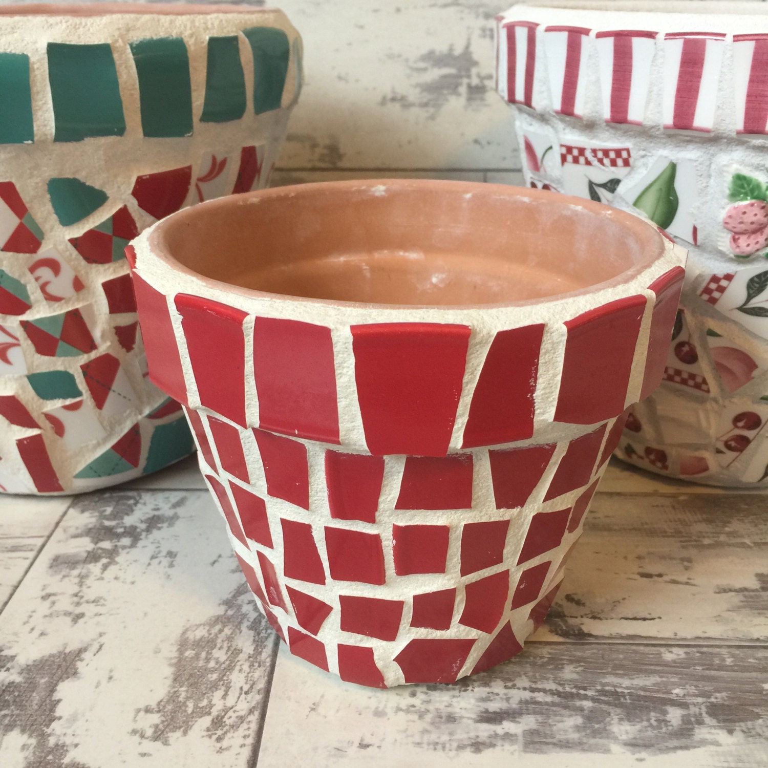 Broken China Mosaic Flower Pot 6 Inch Plain Red Etsy