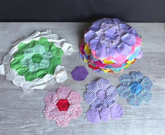 Vintage Quilt Squares Hand stitched Hexagon Grandmothers Garden - Lot of 40 plus