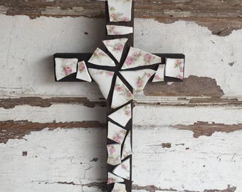 Mosaic Cross Wall Hanging - Vintage Dishes - burned in Housefire  - Redemption