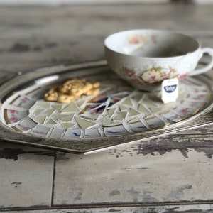 Vintage Broken China Mosaic Tray - Delicate Handpainted Bluebird - Octagonal Small Tray