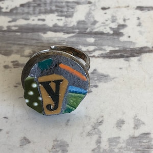 Monogram Mosaic Broken Dish Ring -Letter Y- Vintage Broken China