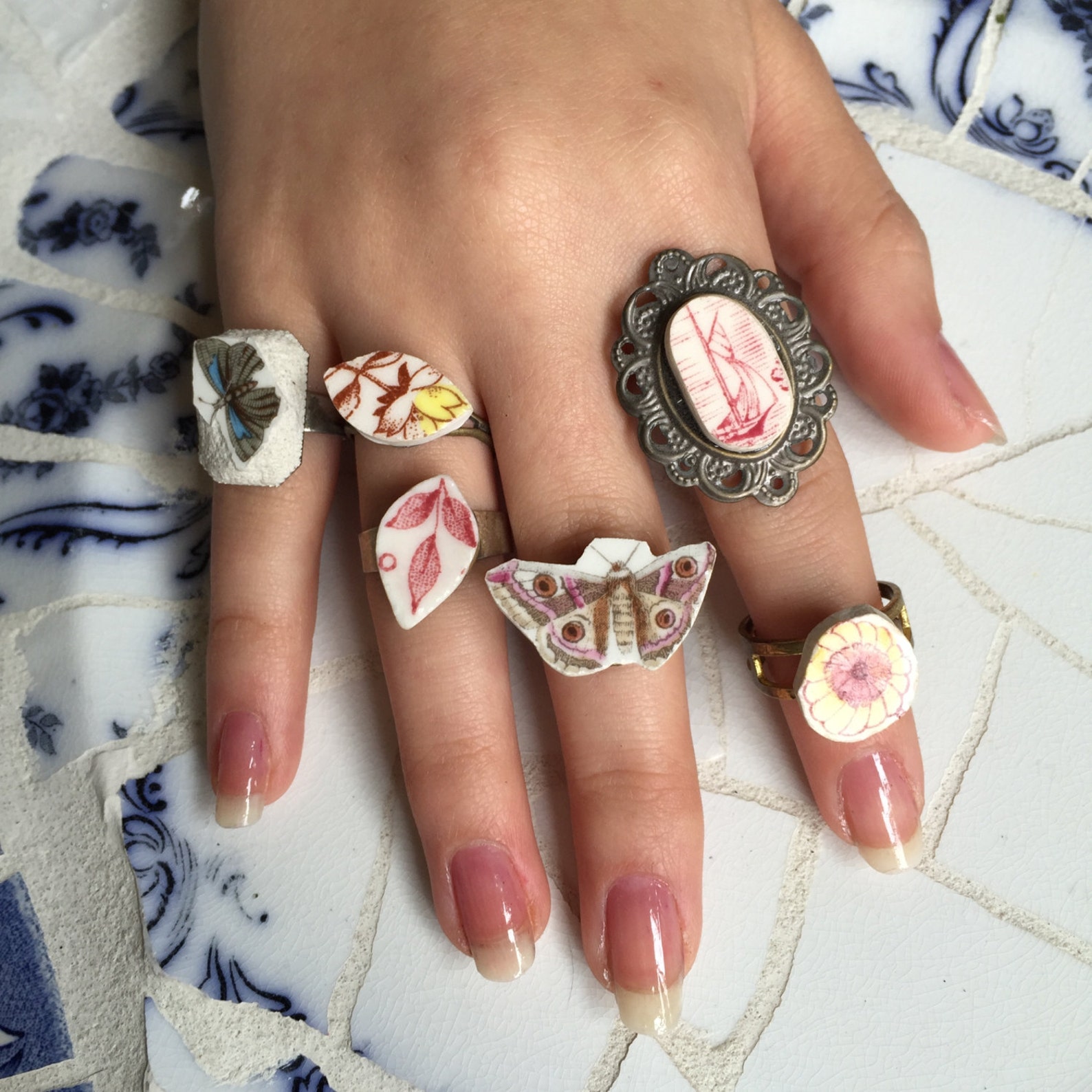 Broken Dish Ring Choice Statement Adjustable Stocking Etsy