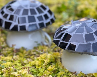 Mosaic Mushroom  Garden Decor - Fairy House - Broken China Mosaic Black and Gold