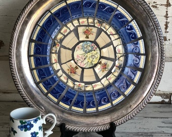 Vintage Broken China Mosaic Silver Tray -Blue and Yellow One of a Kind Large Platter