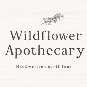 Pode incluir: Um design de fonte serif manuscrita com o texto "Wildflower Apothecary" e uma pequena ilustração floral acima do texto.