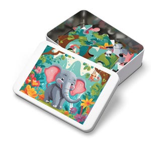 Jigsaw Puzzle, Childrens Elephant Puzzle in Jungle Tin, Educational Game Toy, Kids Learning Activity, Animal Safari Puzzle, Gift for Kids