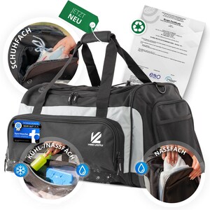 VL® Sporttasche 60 Liter Nassfach Groß L [Kühlfach] Schuhfach + Belüftungslöcher Damen Herren Saunatasche Schwarz Schwimmtasche Duffel Bag