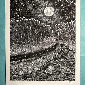 Moonlit Road Fineart Print | 8 x 10 Hand drawn Illustration | Pen Art, Nature Art