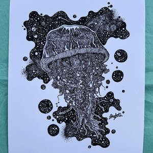 Space Jellyfish Fineart Digital Print | 8 x 10 Hand drawn Illustration | Pen Art, Jellyfish Art