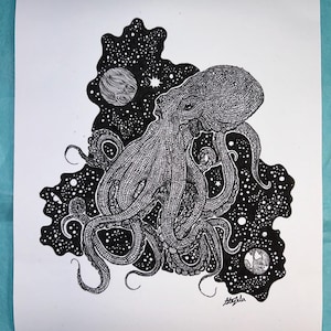 Octopus in Space Wall Art Digital Print | 8 x 10 Hand drawn Illustration | Fine Art, Pen Art, Ocean, Space