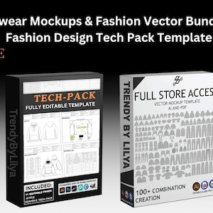 Puede incluir: Dos cajas con fondo negro y texto blanco. La caja de la izquierda dice "Tech-Pack Plantilla totalmente editable" y "TrendyByLilya". La caja de la derecha dice "Acceso completo a la tienda Plantilla de maqueta vectorial AI y PDF" y "Trendy By Lilya".