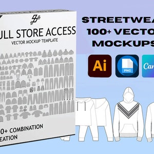 Puede incluir: Una caja con el texto "FULL STORE ACCESS" y "VECTOR MOCKUP TEMPLATE" en la parte delantera. La caja muestra una variedad de prendas de vestir, incluyendo sudaderas con capucha, camisetas, pantalones y sombreros. El texto "STREETWEAR 100+ VECTOR MOCKUPS" se muestra encima de la caja. El texto "Ai", "PNG", y "Canva" se muestra en iconos debajo del texto. Se muestran tres sudaderas con capucha blancas debajo de la caja, una con un diseño de rayas negras y grises.