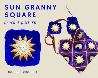May include: A crochet pattern for a sun granny square. The pattern features a yellow sun with a white center on a blue background. The pattern is shown in a finished square and a larger piece made up of multiple squares.