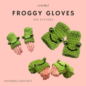 May include: Crochet pattern for froggy fingerless gloves. The pattern is available as a PDF download. The image shows four pairs of green froggy gloves with smiling faces.