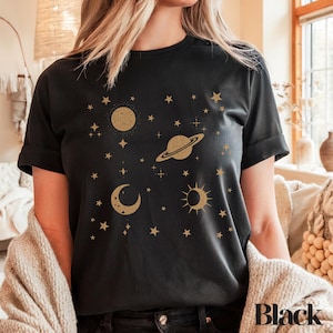 T-shirt mystieke sterren, kosmisch T-shirt, shirt sterrenhemel, astrologietop, tarotkaartshirt, hemels grafisch T-shirt