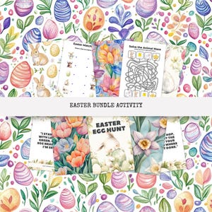 May include: An Easter-themed activity bundle featuring colorful illustrations of eggs, bunnies, and flowers. The bundle includes various games and activities, such as an Easter egg hunt and a maze. The text "Easter Bundle Activity" is displayed prominently.
