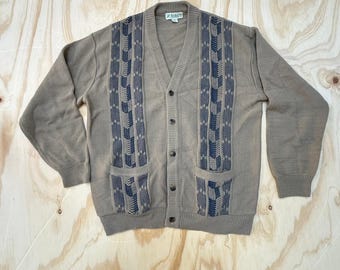 Cárdigan vintage para hombre Haband, talla grande, color topo, azul marino, estampado geométrico, cuello en V.