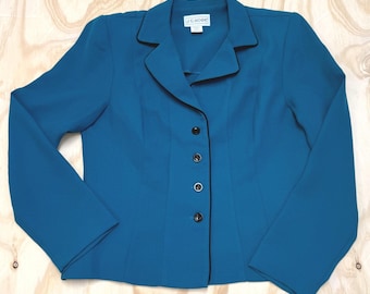 JG Hook Teal Blue Button Front Blazer Jacket with Black Piping Trim Size 12