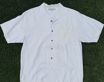 vintage Tommy Bahama Chemise boutonnée à manches courtes en soie pour homme crème à carreaux taille L