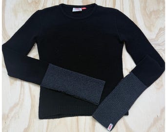 Miss Sixty Vintage Black Knit Sweater Grey Ribbed Extra Long Sleeves Made Italy