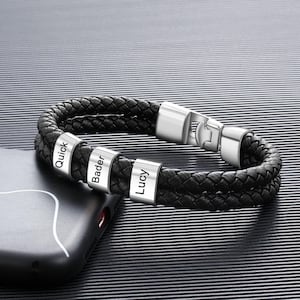 Pulsera de cuentas con nombre para niños (1-8 años) personalizada, pulsera de cuero personalizada para hombre, regalo de cumpleaños para papá, regalo para el Día del Padre.