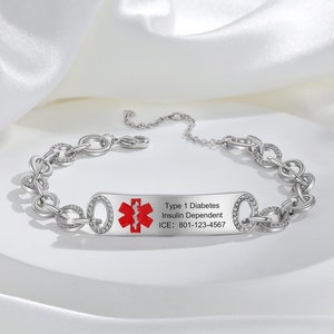 Bracelet médical personnalisé pour femme, bracelet gravé au recto et au verso, bracelet d'identification d'alerte, bracelet pour le diabète de type 1, bracelet pour l'épilepsie et l'autisme