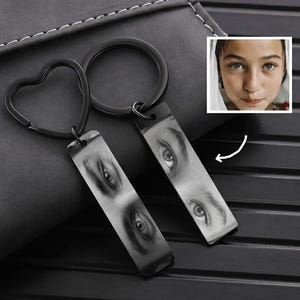 May include: Two black metal keychains with rectangular pendants featuring a grayscale image of a person's eyes. One keychain has a heart-shaped ring, the other a circular ring. A small square image of a person's face is in the background.