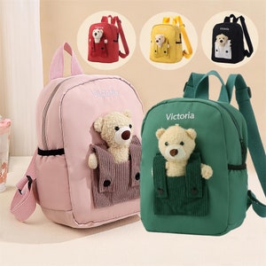 Sac à dos personnalisé avec nom ours en peluche, sac d'école brodé avec prénom pour enfants, premier sac d'école pour tout-petits, joli sac à dos, cadeaux de rentrée