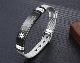 Personalized Metal Medical Alert Bracelet,Custom Metal Sport Bracelet,Emergency Alert ID Bracelet,Medical Jewelry for Men,Patient Bracelet