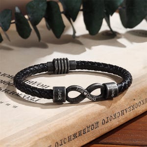 Pulsera personalizada de infinito para hombre, pulsera personalizada con 2 a 5 nombres, pulsera de cuero para hombre, pulsera con nombres familiares, regalos para él, pulsera para papá