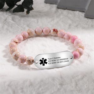 Bracelet d'alerte médicale personnalisé pour femme, bracelet d'identification médicale en perles, bracelet d'urgence gravé personnalisé, cadeau pour les allergies et le diabète