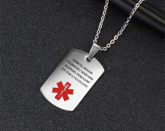 Personalized Engraved Allergy Necklace,Front & Back Engraved Necklace,Alert ID Necklace,Type 1 Diabetes Necklace,Epilepsy Autism Necklace