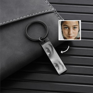 May include: Black metal keyring with a rectangular pendant displaying a grayscale image of a person's eyes. The keyring has a circular ring and is on a dark surface.
