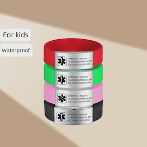Bracelet d'alerte médicale pour enfants, médical étanche, bracelets en silicone d'identification d'alerte médicale personnalisés pour enfants, cadeaux personnalisés, alerte d'urgence