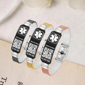 May include: Three medical ID bracelets with mesh straps in black, gold, and rose gold. Each bracelet features a black plate with a medical symbol, the words "HEALTH INFO", and a QR code that says "SCAN ME".