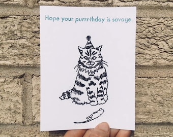 Funny Birthday Card - Savage Purrrthday Card, Cat Lovers Birthday Card, Birthday Card Funny, Hipster Birthday, Cat Birthday, Card from cat