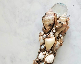 Mermaid Wand with glass crystal and shells: hand sculpted