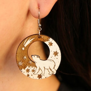 Polar Bear Winter Wood Engraved Earrings, Holiday Earrings, Christmas Earrings, Polar Bear Winter Earrings, Cute Christmas Jewelry