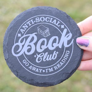 Anti-Social Book Club Slate Coaster, Cute Desk Decor, Natural Slate Stone Engraved Coasters, Gift for Coffee Lover, Cute Book Coffee Coaster