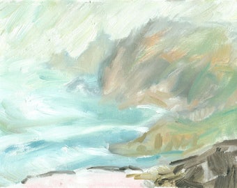 sea painting original oil plein air on canvas 6x8 On the Coast Path in Mist, Cornwall