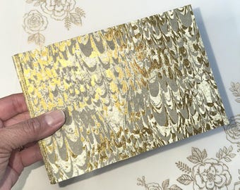 Handmade 4x6 Mini Album, Gold Grey Peacock Pattern, 12 Photo Capacity (Chipboard Cover)