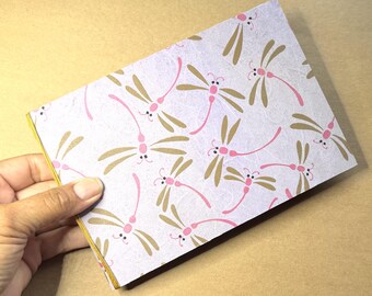 mini photo album, landscape, 4x6, dragonfly, lavender, made from chipboard/cereal box, 6 sleeves, holds 12 photos front and back