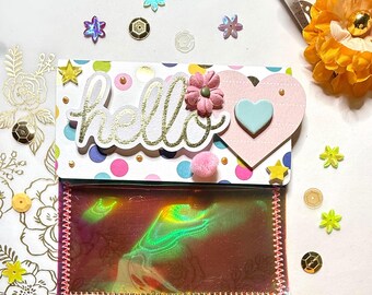 embellished gift card pouch, polka dot, hello, iridescent