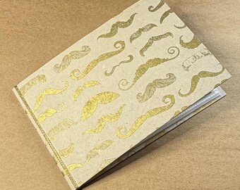 Handmade Lokta Paper Mini Photo Album, Gold Mustache Print, Landscape 4x6 Sleeves