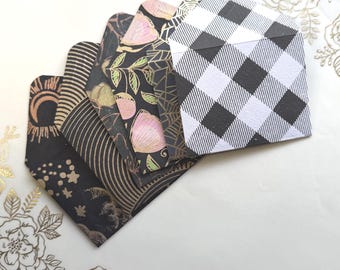 Handmade Embossed Mini Envelopes, Black Plaid Floral Sun Webs (Set of 6)