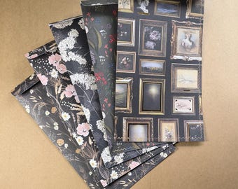 set of 5 mailing envelopes, botanical, floral, springs, little art frames over black